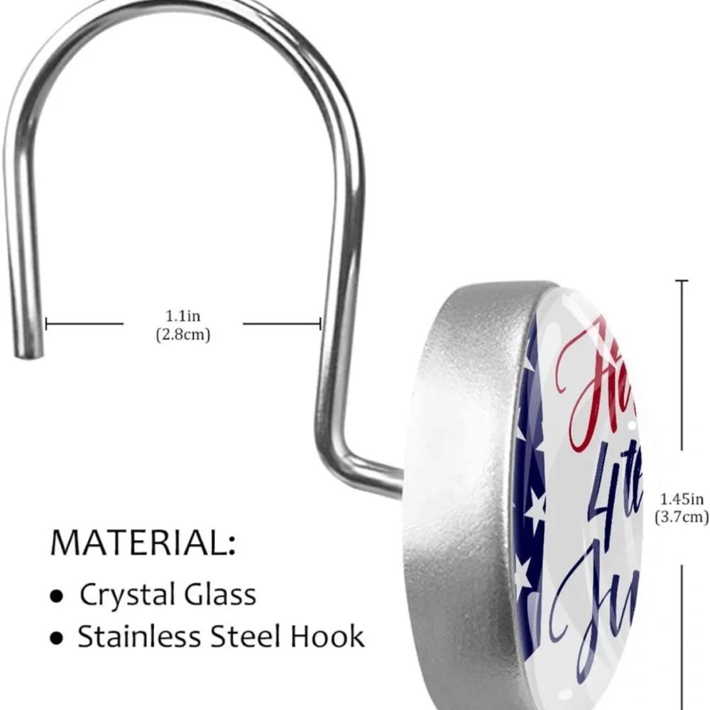 Shower Curtain Hooks Set of 12, Happy 4th of July, Crystal Glass